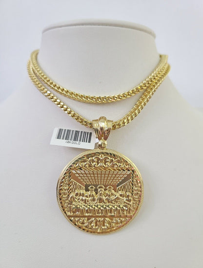 10K Franco Chain Last Supper Pendant Charm Necklace 20"-28" 4mm Yellow Gold SET