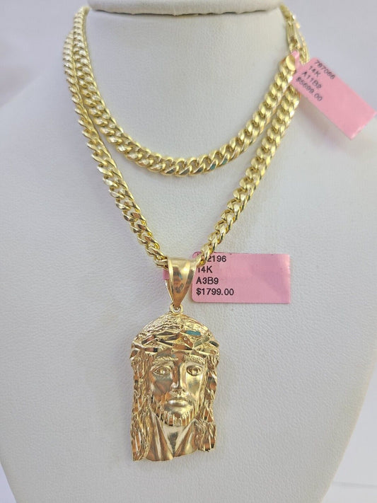 14k Chain Jesus Head Charm Set Miami Cuban Link 5mm 18"-30" Necklace Pendant