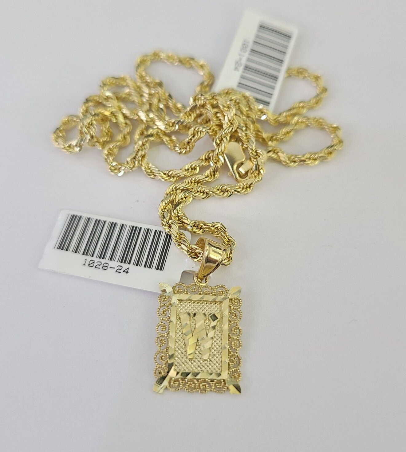 10k Gold Initial W Charm Rope Chain 16"-26" 2.5mm SET Necklace Alphabet Pendant