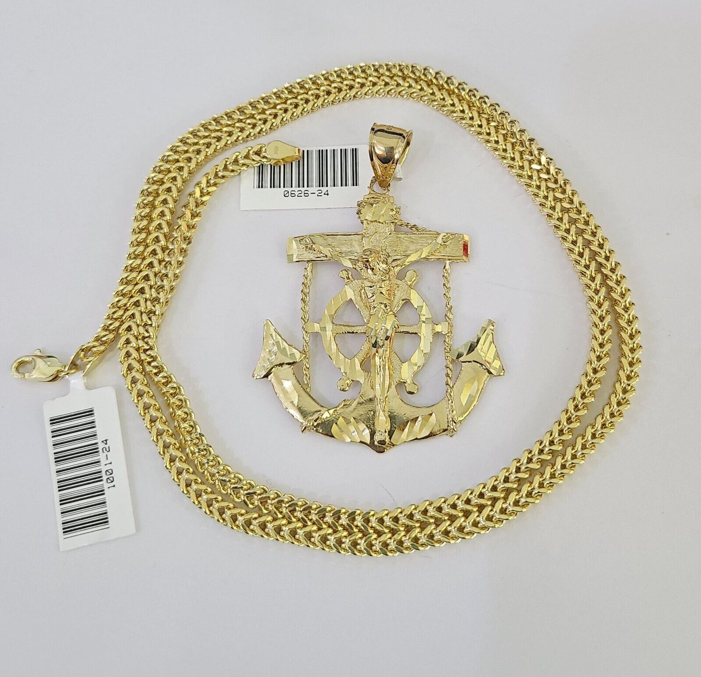 10K Franco Chain Jesus Anchor Pendant Charm Necklace 20"-26" 3mm Gold Yellow SET