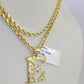 10k Gold Initial E Charm Rope Chain 16"-26" 2.5mm SET Necklace Alphabet Pendant