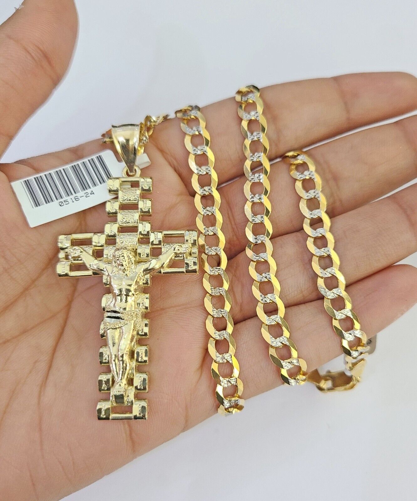 10k Solid Gold Cuban Curb Chain Jesus Cross Pendant 6mm 20"-30" SET Necklace