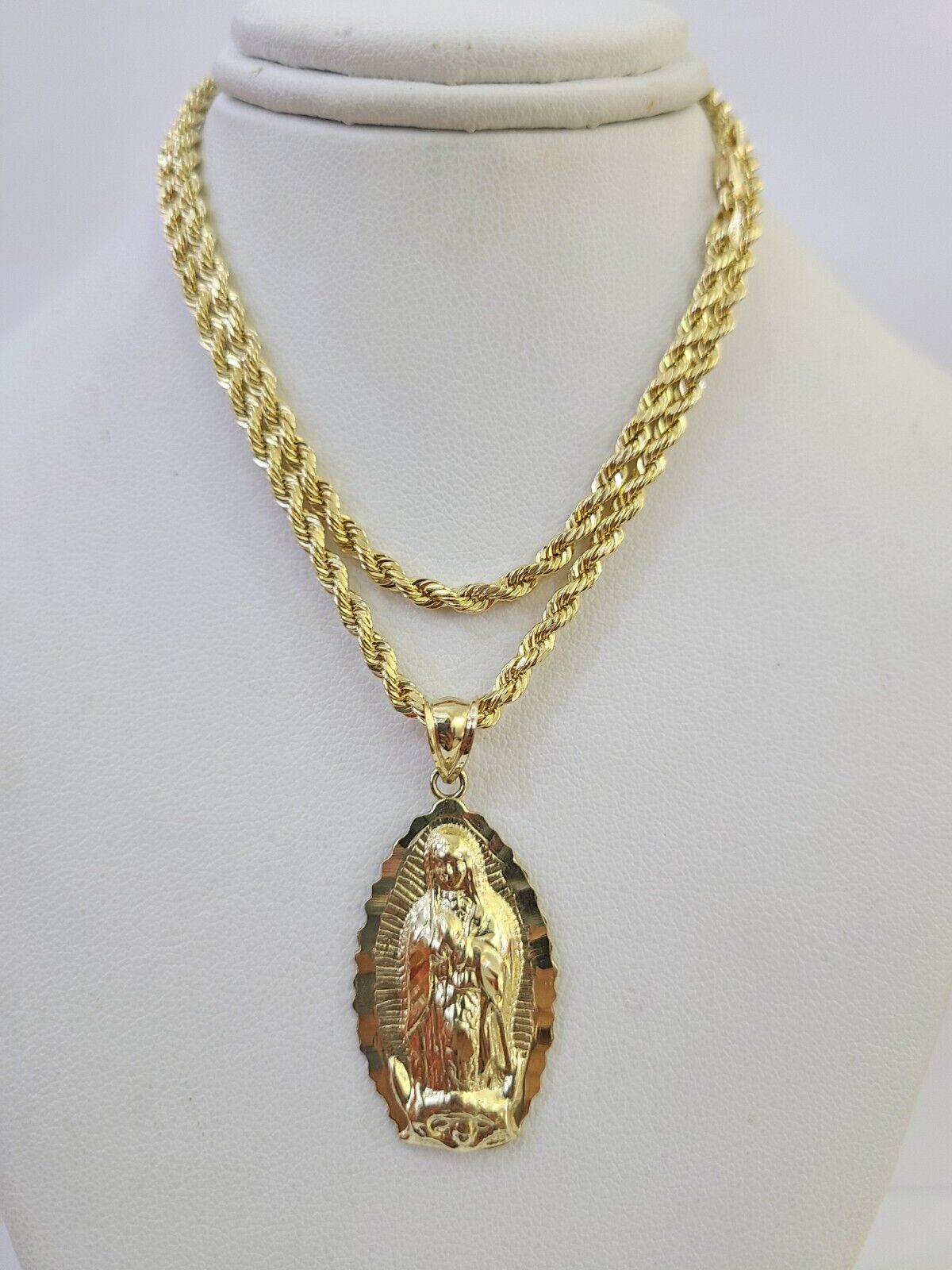 10k 3mm Rope Chain Virgin Mary Pendant 18"-30" Yellow Gold Set Charm Necklace