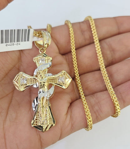 10K Gold Franco Chain Jesus Cross Charm Pendant 20-26 inches 2.5mm REAL Yellow