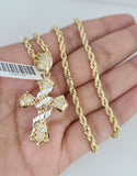 10k Solid Rope Chain Spiral Cross Pendant 18"-28" Gold Set Charm Necklace 3mm