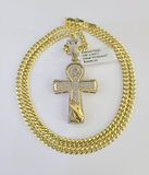 10k Miami Cuban Chain Diamond Jesus Cross Charm Set 4mm 18"-28" Necklace Gold