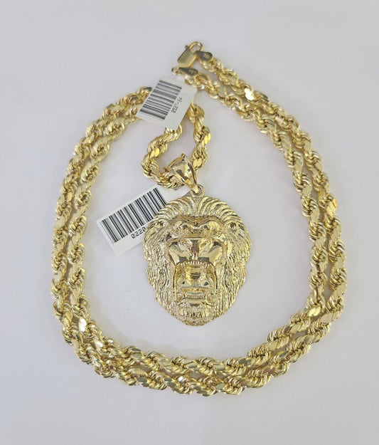 Real 10k Rope Chain Lion Charm Set 5mm 20"-30" Inch Necklace Yellow Gold