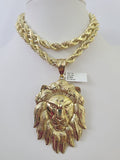 Real 10k Rope Chain Lion Head Charm Set 8mm 20"-30" Inch Necklace Yellow Gold