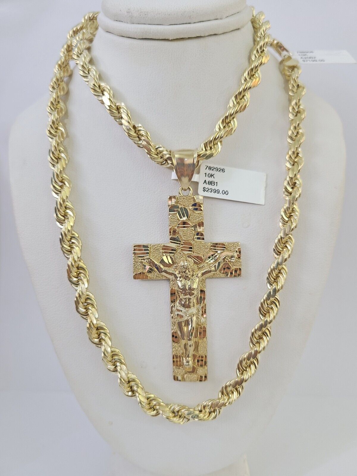 Real 10k Rope Chain Jesus Cross Charm Set 7mm 20"-28" Inch Necklace Yellow Gold