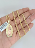 10K Solid Gold Miami Cuban Chain Virgin Mary Pendant Charm 18"-26" 2.5mm SET