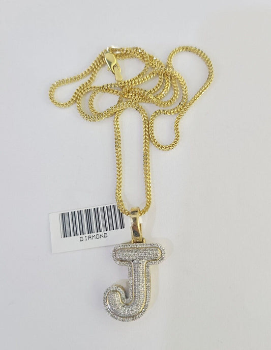 10K Franco Chain Diamond J Pendant Initial Charm Letter Necklace 18"-24" 1.5mm