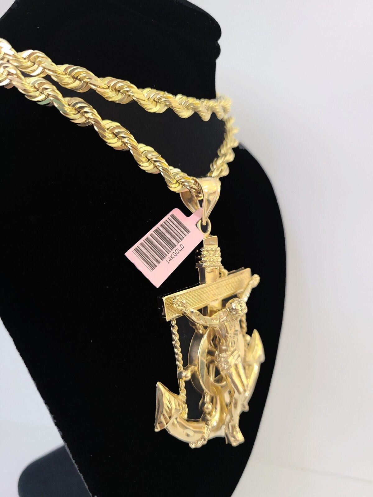 Real 14k Solid Rope Chain Jesus Anchor Charm Set 6mm 18"-30" Necklace Gold