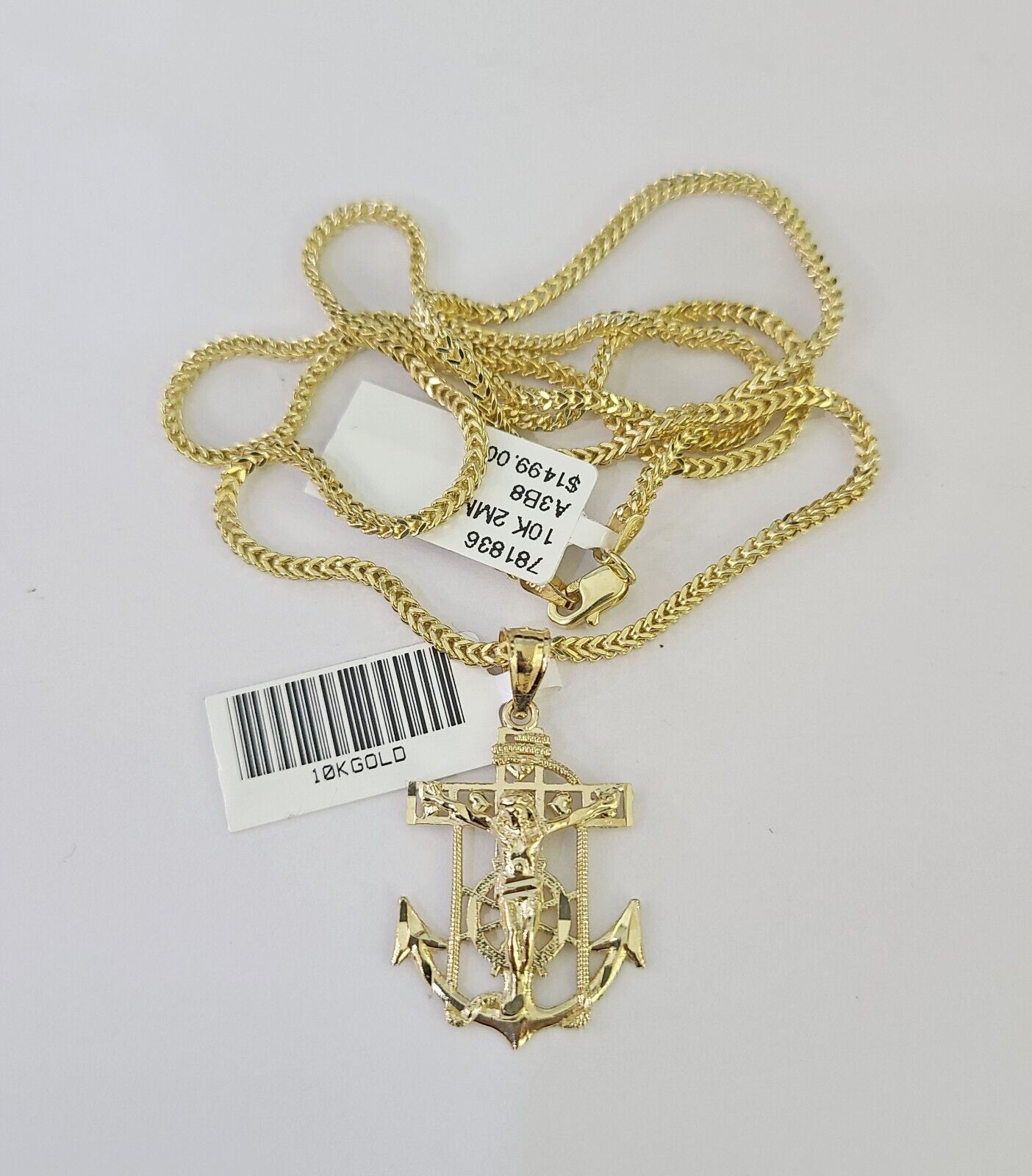 10K Franco Chain Jesus Anchor Pendant Charm Necklace 16"-24" 2mm Yellow Gold SET