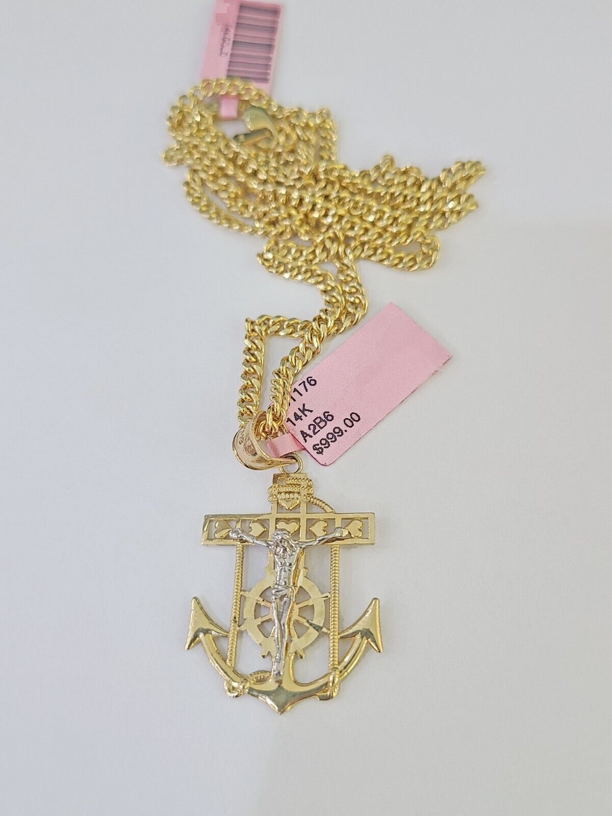 14k Yellow Gold Miami Cuban Chain Jesus Anchor Charm Set 3mm 18"-26" Necklace