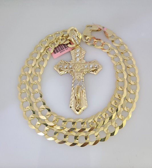 14k Gold Chain Jesus Cross Charm Solid Cuban Curb 10mm 20"-30" SET Necklace