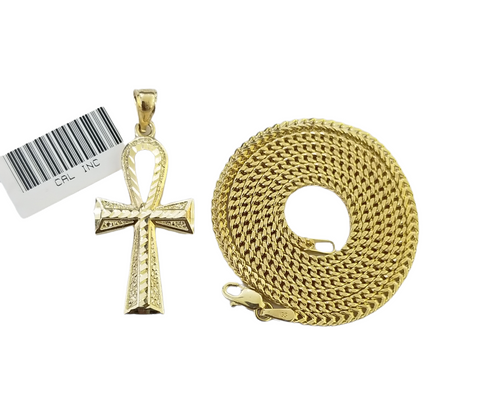 Real 10k Gold Ankh Cross Pendent 2mm Franco Chain 18"-30" Inch