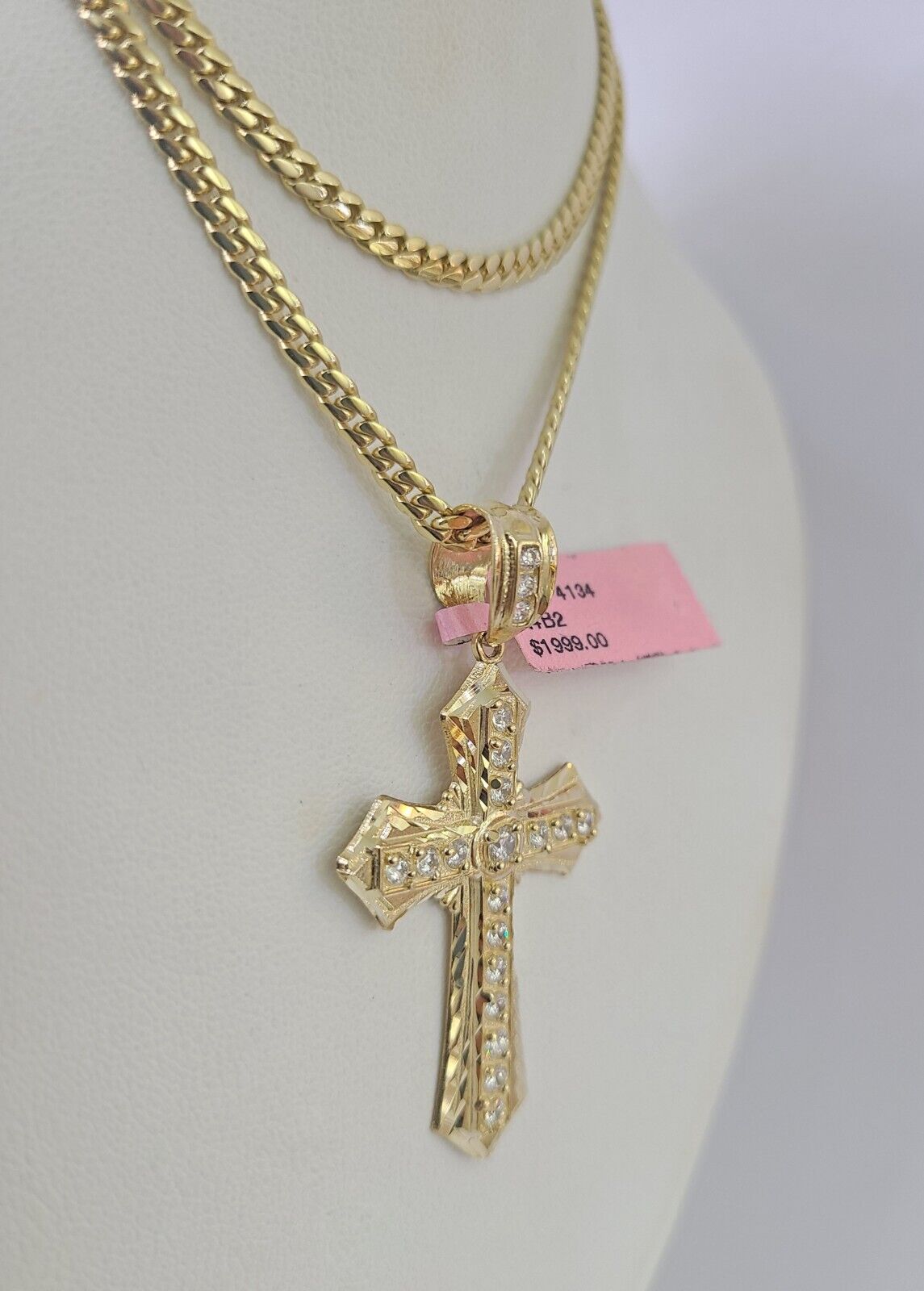 Real 14k Solid Chain Cross Charm Set Miami Cuban Link 3mm Necklace Pendant Gold