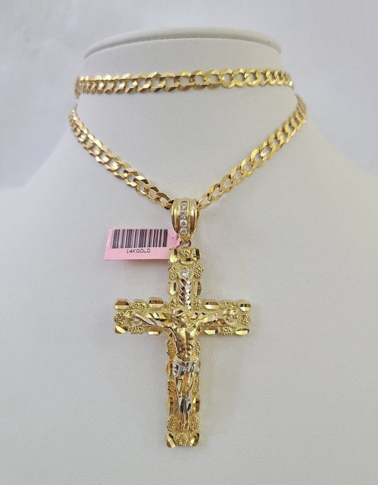 14k Gold Chain Jesus Cross Charm Solid Cuban Curb 5mm 20"-28" Inch SET Necklace