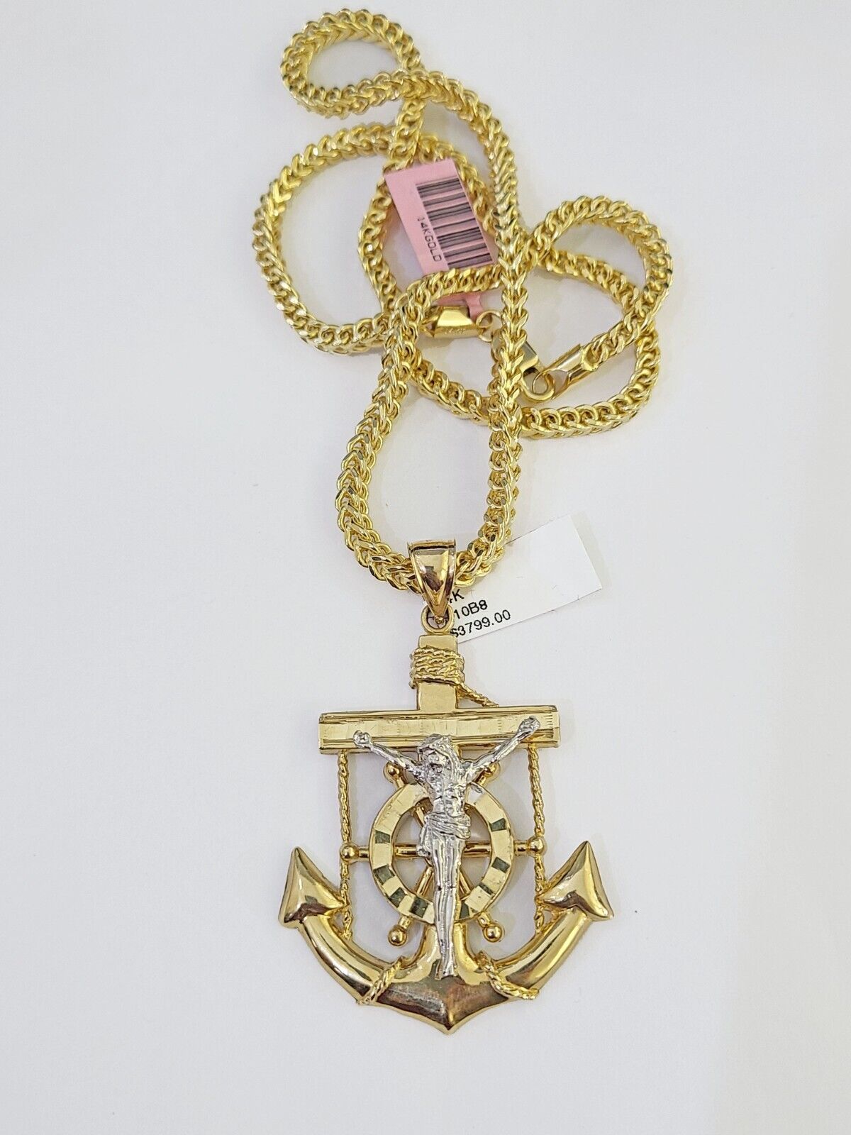 14K Franco Chain Jesus Anchor Pendant Charm Necklace 20"-26" 4mm Gold