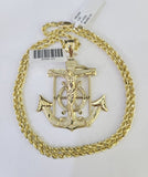 Real 10k Solid Rope Chain Jesus Anchor Charm Set 3mm 20"-30" Inch Necklace Gold