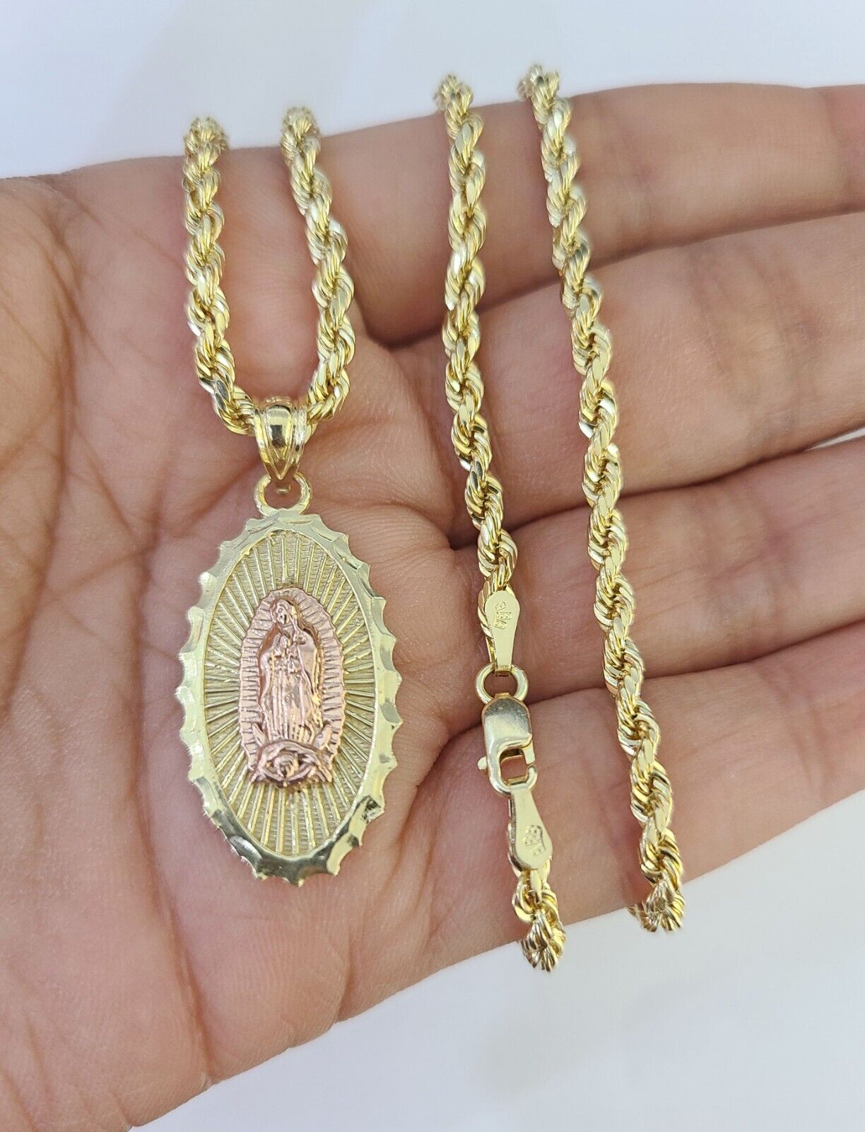 10k 3mm Rope Chain Virgin Mary Pendant 18"-30" Yellow Gold Set Charm Necklace