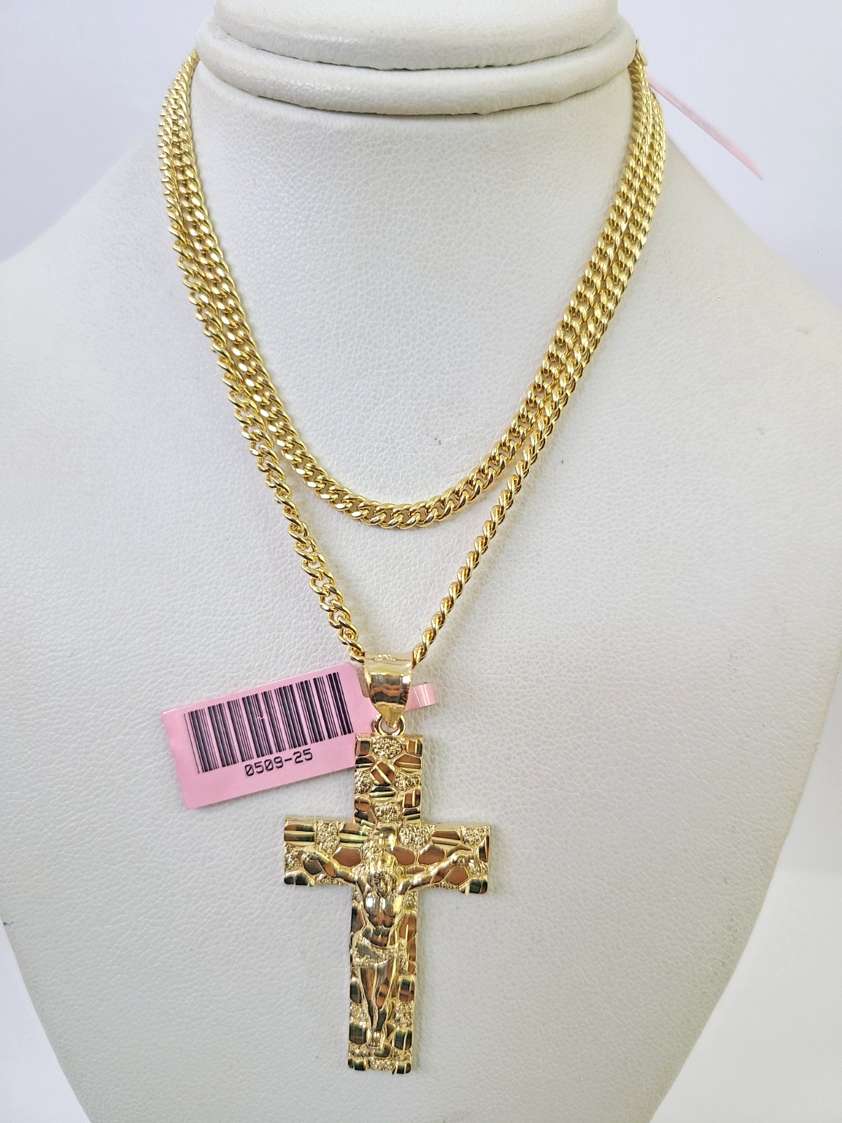14k Miami Cuban Chain Nugget Cross Charm Pendant 3mm 18"24" inch SET Necklace