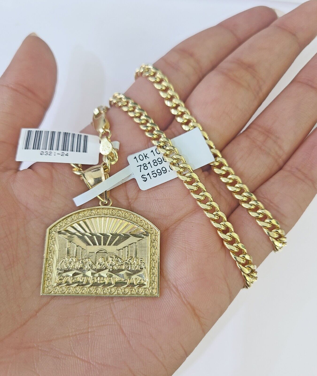 10k Yellow Gold Chain Last Supper Charm Pendant Set 5mm Miami Cuban Necklace