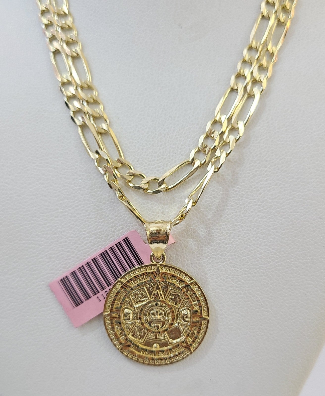 14k Solid Figaro Chain Mayan Calendar Pendant Gold 4mm 18-28 inch SET Necklace