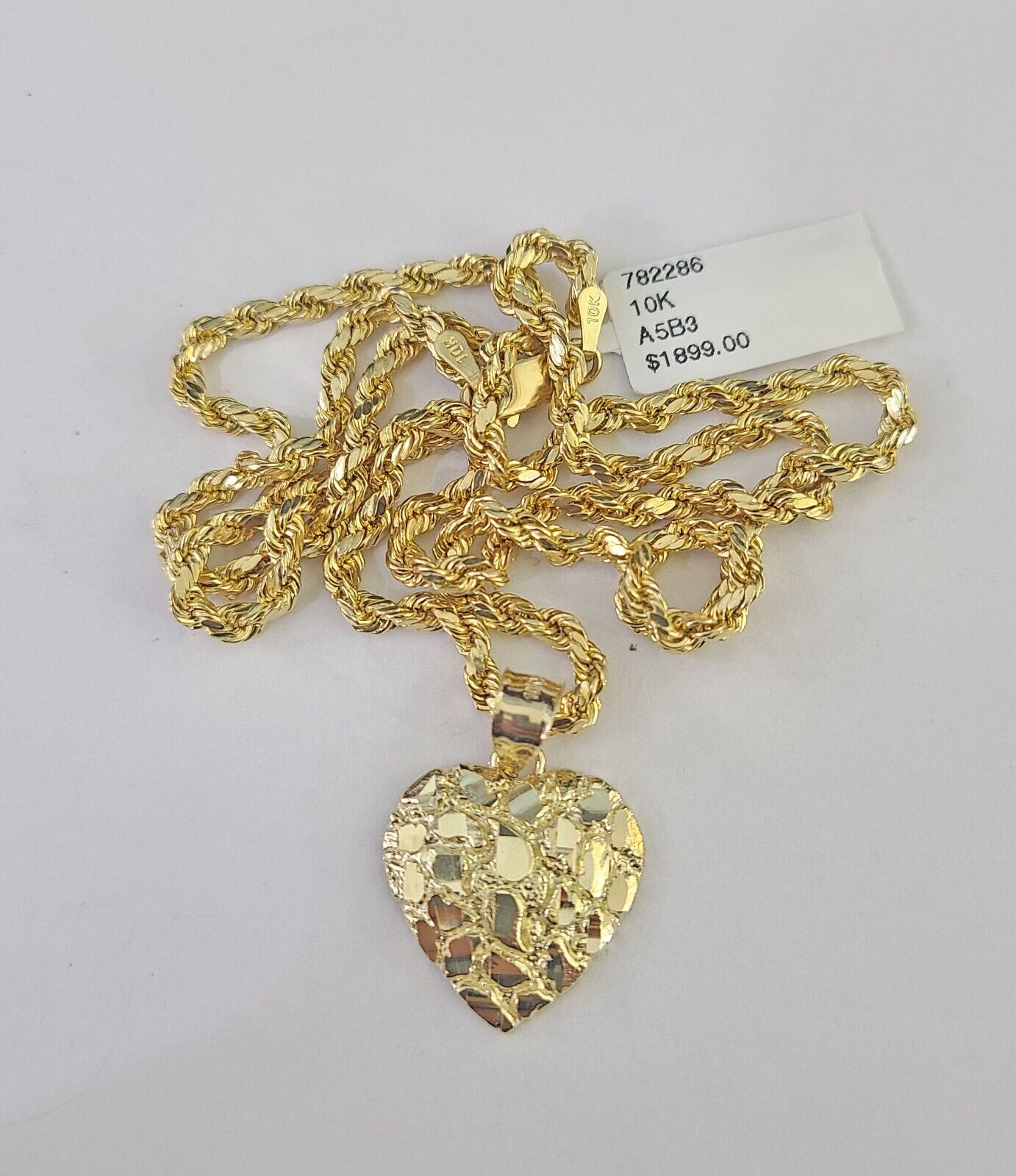 Real 10k Rope Chain Nugget Heart Charm Pendant SET Necklace 3mm 18"-24" Ladies