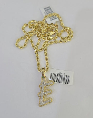 10k 3mm Rope Solid Chain E Diamond Pendant Alphabet 18"-28" Gold Charm Necklace