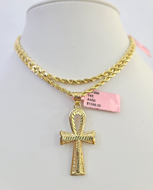 Real 14k Solid Rope Chain Jesus Ankh Cross Charm Set 3mm 18"-26" Necklace Gold