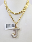 10k Miami Cuban Chain Diamond J Initial Charm Set 4mm 18"-28" Necklace Gold