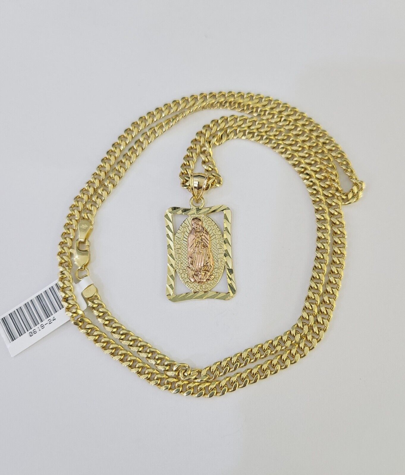 10k Miami Cuban Chain Virgin Mary Charm Set 4mm 18"-28" Necklace Yellow Gold