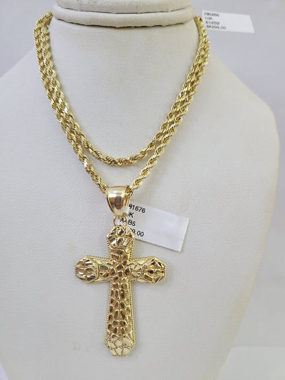 Real 10k Solid Rope Chain Jesus Cross Charm Set 3mm 20"-30" Inch Necklace Gold