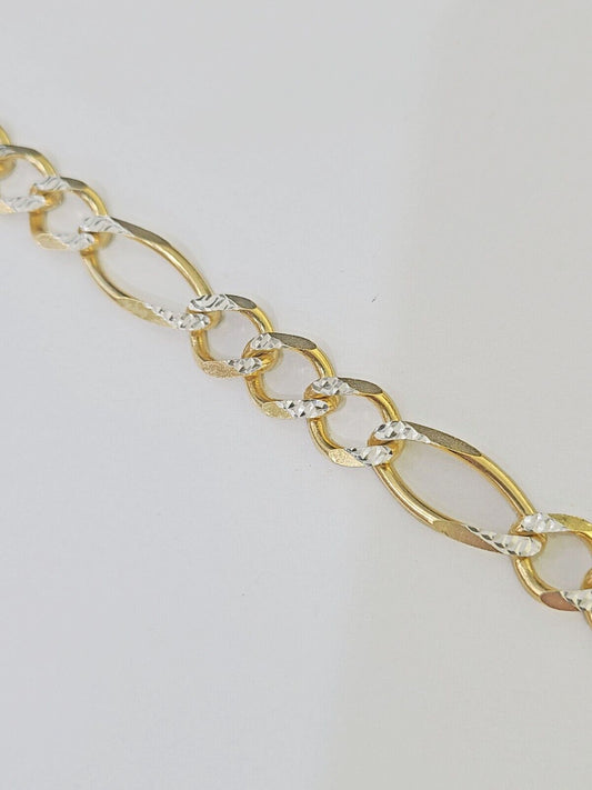 Real 10k Yellow Gold Figaro link Bracelet 9mm 8.5" Inch Solid Diamond Cut