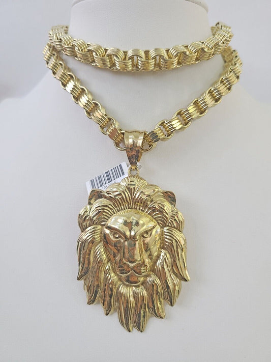 10k Gold Byzantine Necklace Lion Charm 20-30 inches 9mm REAL Yellow SET Chain