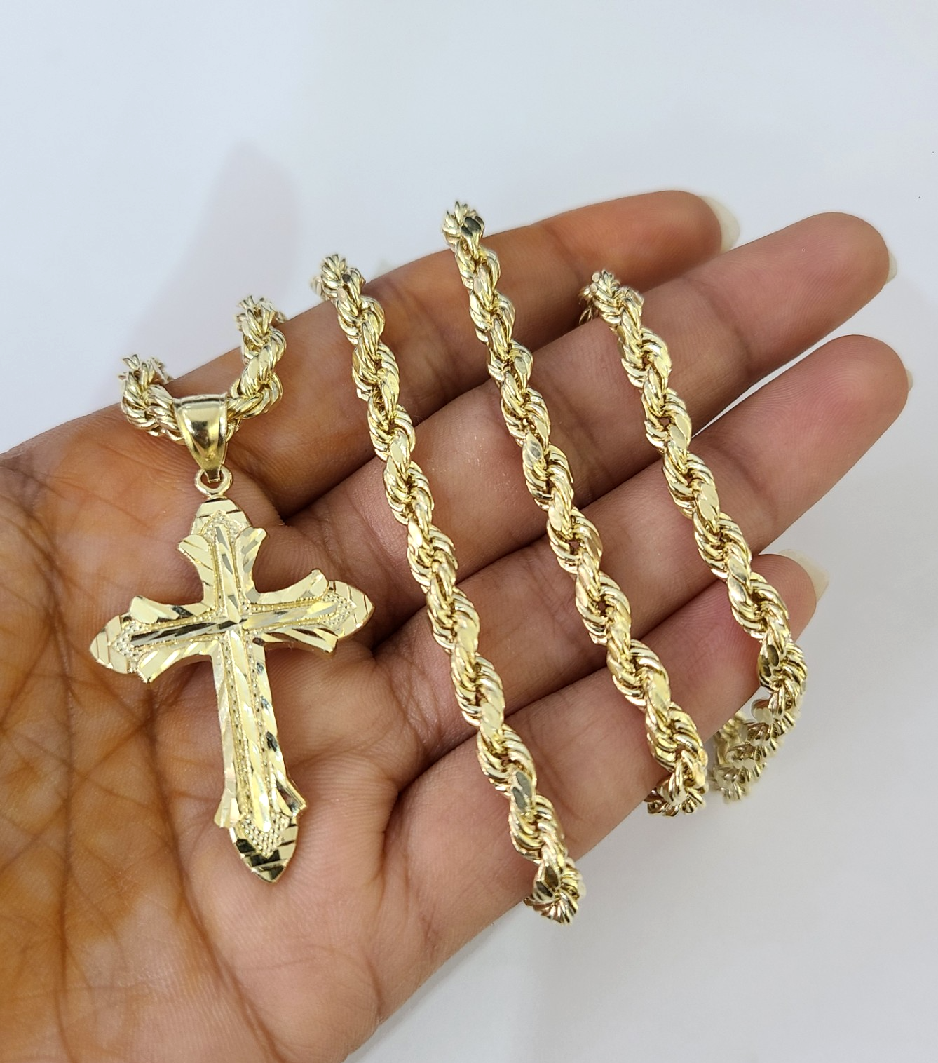 Real 10k Rope Chain Jesus Cross Charm Necklace Pendant Set 5mm 18"-28" Gold