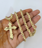 Real 10k Rope Chain Jesus Cross Charm Necklace Pendant Set 5mm 18"-28" Gold