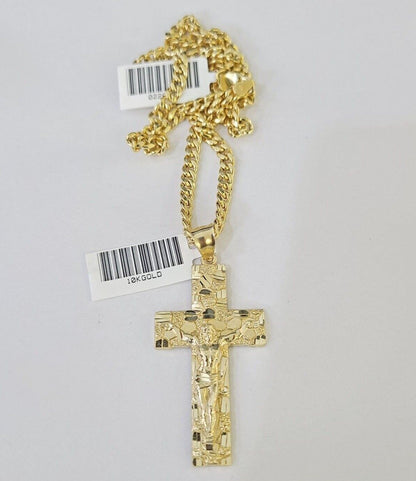 10k Yellow Gold Chain Cross Charm Set Miami Cuban Link Necklace Pendant DISCOUNT