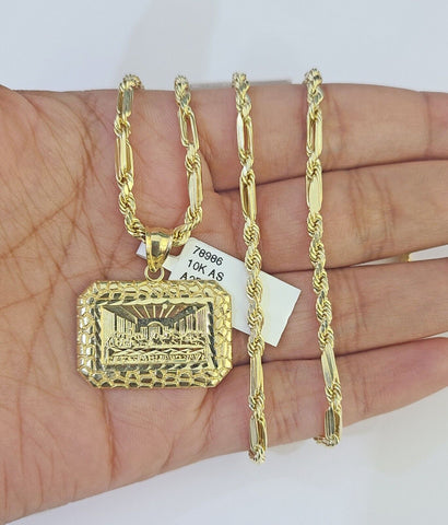 10k Milano Rope Chain Last Supper Charm Necklace SET 3mm 18" 20" 22" 24"