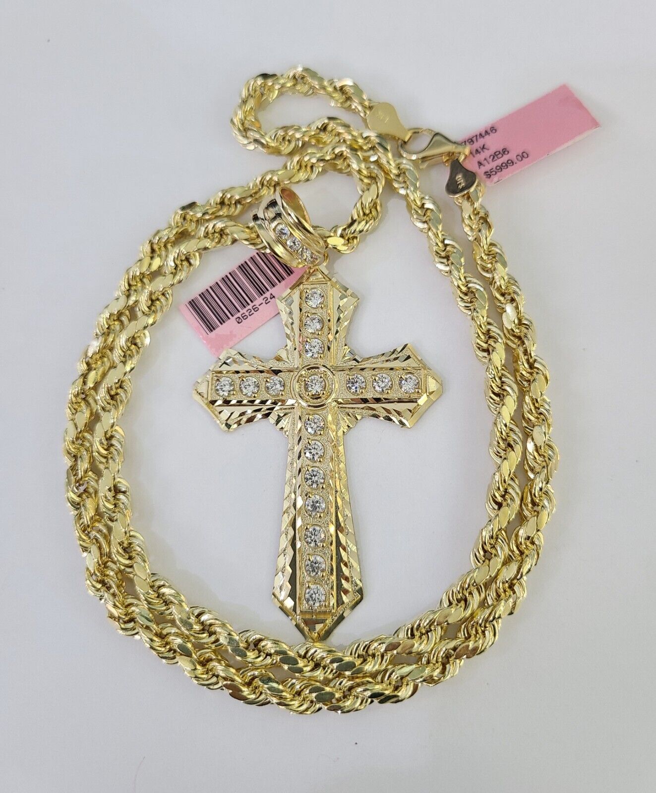 Real 14k Rope Chain Jesus Cross Charm Set 6mm 18"-28" Necklace Yellow Gold