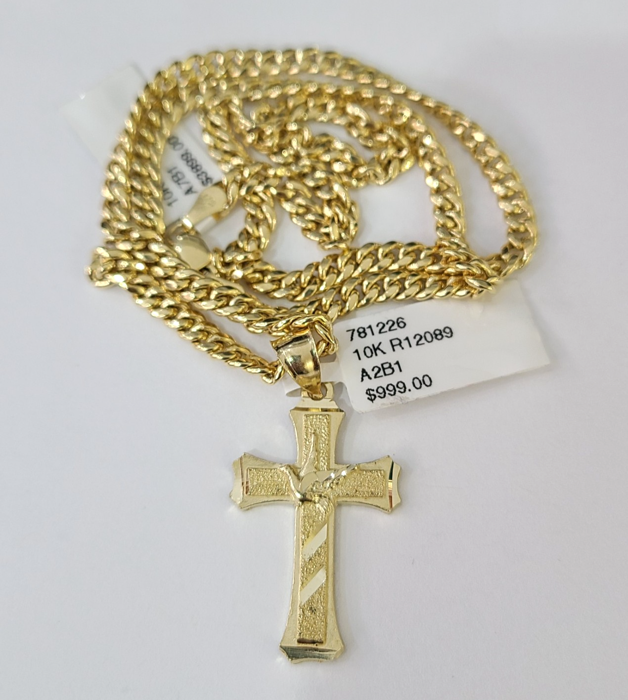 10k Gold Chain Miami Cuban Jesus Cross Charm Pendant Set 4mm 18"-28" Necklace