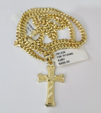 10k Gold Chain Miami Cuban Jesus Cross Charm Pendant Set 4mm 18"-28" Necklace