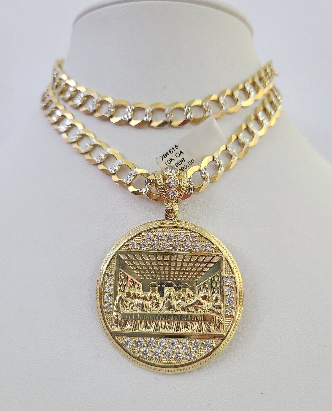 10k Gold Chain Last Supper Charm Solid Cuban Curb Necklace 9mm 20"-30" SET