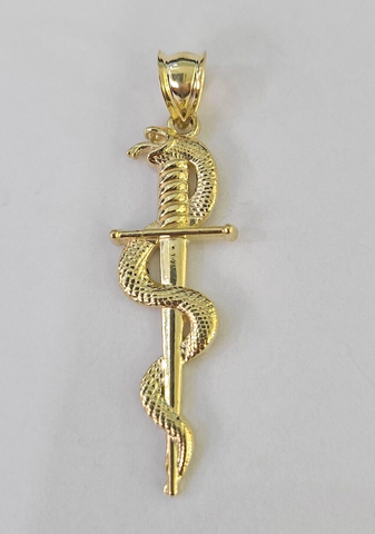 Real 10K Snake Sword Pendant 1.5" Yellow Gold Charm Veterinarian Caduceus