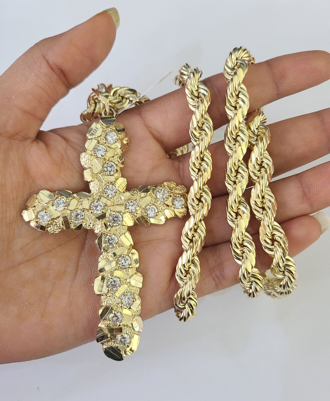 Real 10k Rope Chain Jesus Cross Charm Set 8mm 20"-30" Inch Necklace Yellow Gold