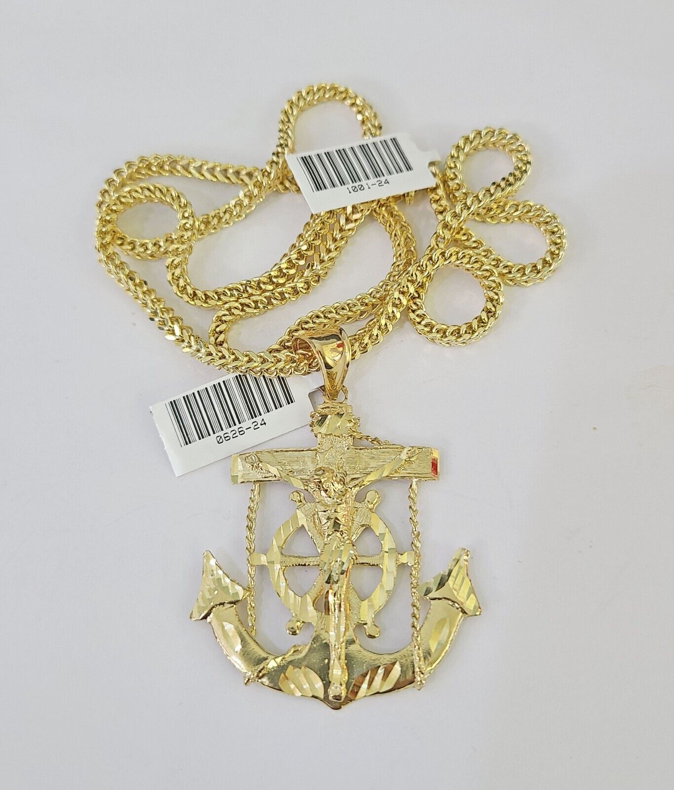 10K Franco Chain Jesus Anchor Pendant Charm Necklace 20"-26" 3mm Gold Yellow SET