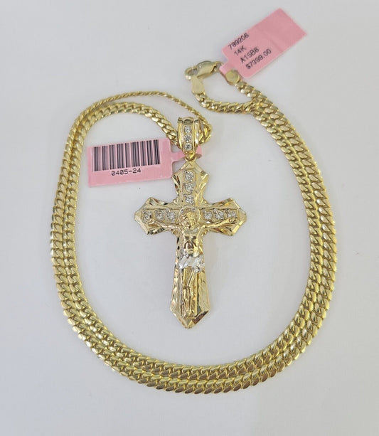 Real 14k Solid Chain Cross Charm Set Miami Cuban Link 3mm Necklace Pendant Gold