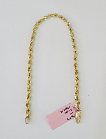 Real 14k Rope Bracelet Solid Yellow Gold 4mm 8.5 Inch Men women Diamond Cut