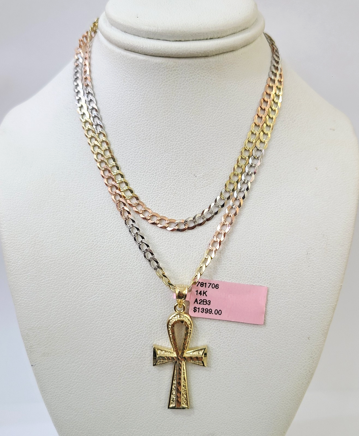14k Chain Ankh Cross Pendant Charm Solid TriColor Cuban Curb 4mm 18